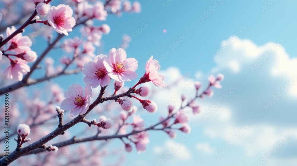 Delicate pink blossoms frosted with winter's kiss against a vibrant azure sky, a breathtaking display of nature's resilience and ephemeral beauty. Delicate pink blossoms frosted with winter's kiss against a vibrant azure sky, a breathtaking display of nature's resilience and ephemeral beauty.