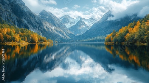 A view of a mountain lake reflecting the surrounding peaks, calm water, serene atmosphere, mountain lake scene