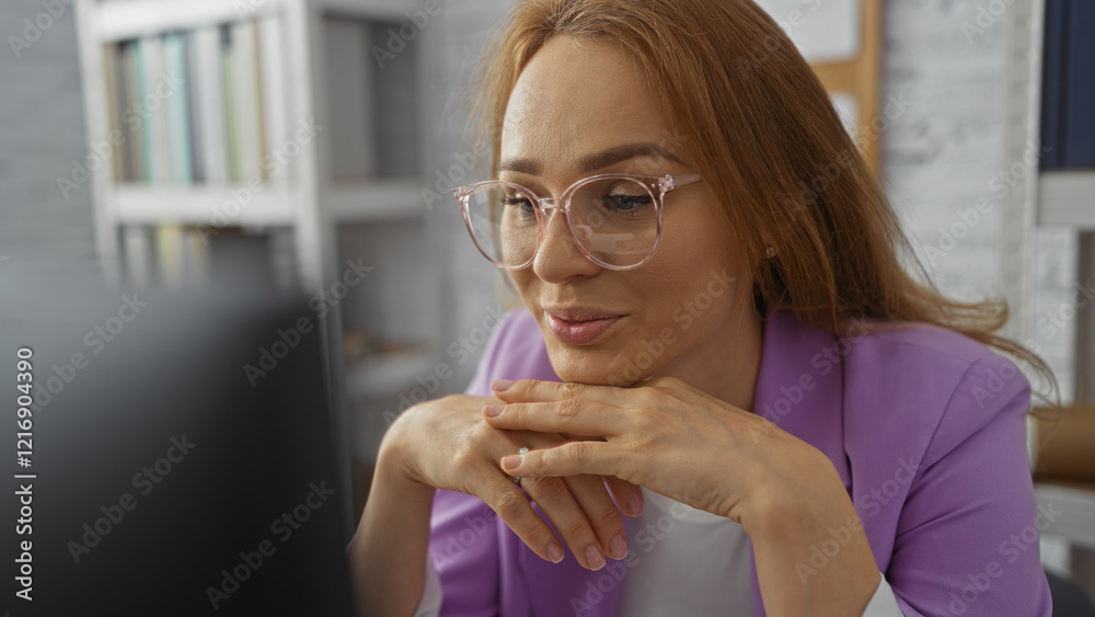 Woman focused wearing glasses in an office, surrounded by books and a soft light, representing concentration, intelligence, and modern workplace culture. Woman focused wearing glasses in an office, surrounded by books and a soft light, representing concentration, intelligence, and modern workplace culture.