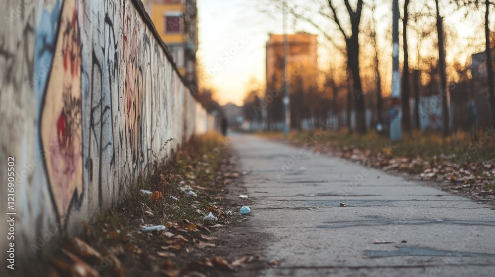 Urban pathway lined with graffiti and fallen leaves during sunset in a quiet neighborhood