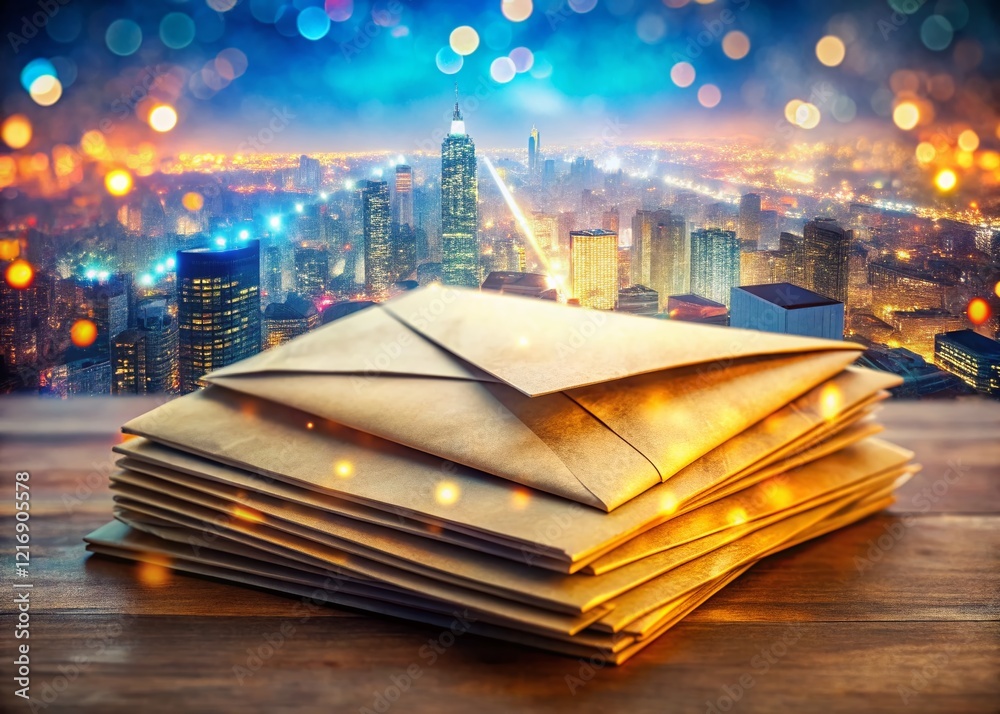 Fototapeta premium Double Exposure: Cityscape & Postal Envelopes - Abstract Stock Photo