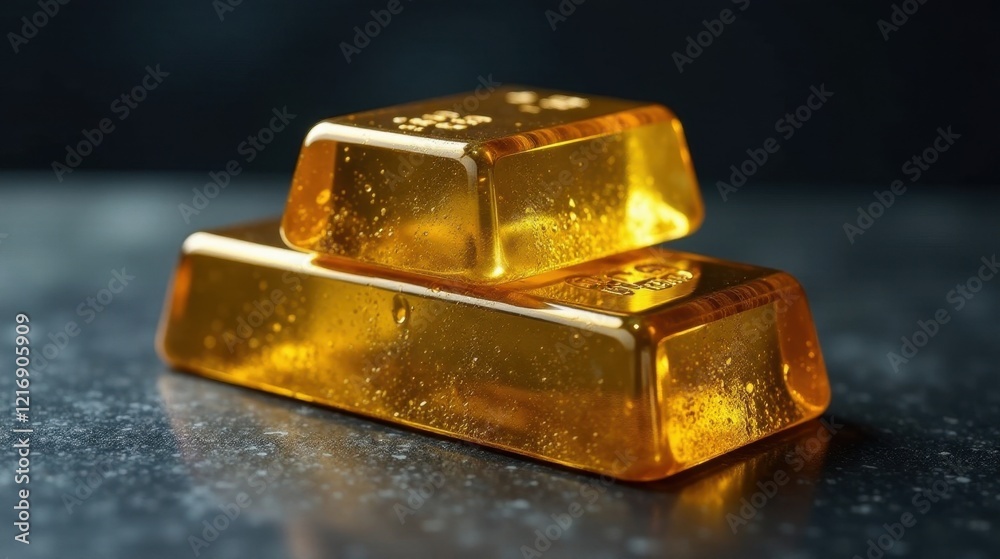 Two Golden Ingots Stacked on Dark Surface A Close-Up View of Refined Precious Metal Two Golden Ingots Stacked on Dark Surface A Close-Up View of Refined Precious Metal