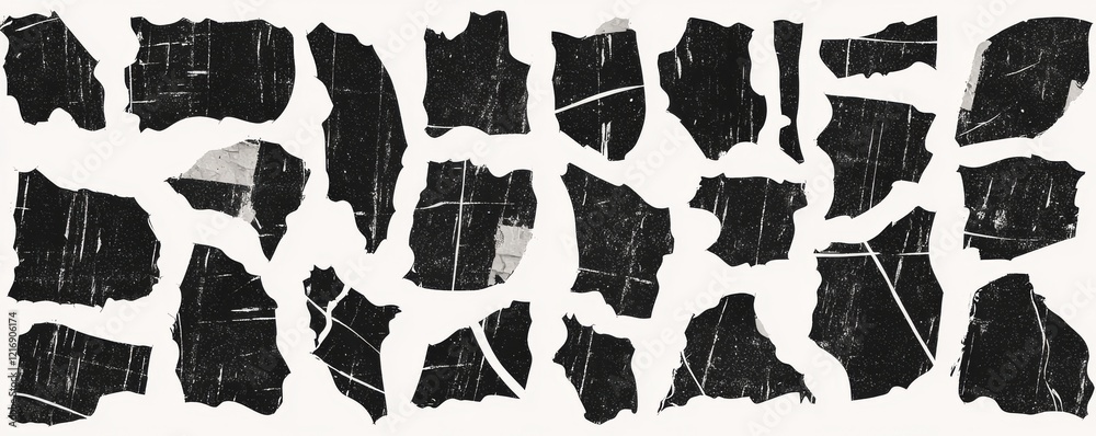 A collection of torn paper frames. Black modern collage featuring ripped paper silhouettes on a white background. Includes old vintage paper textures. Overlaid with abstract scratched patterns. A collection of torn paper frames. Black modern collage featuring ripped paper silhouettes on a white background. Includes old vintage paper textures. Overlaid with abstract scratched patterns.