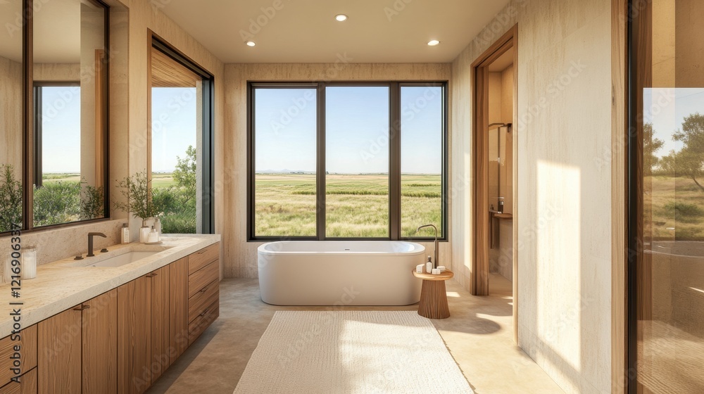 Spacious Modern Bathroom with Stunning Scenic View and Natural Light Spacious Modern Bathroom with Stunning Scenic View and Natural Light