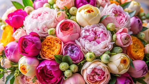 Fototapeta Naklejka Na Ścianę i Meble -  Colorful bouquet of fresh peonies and roses in a elegant arrangement