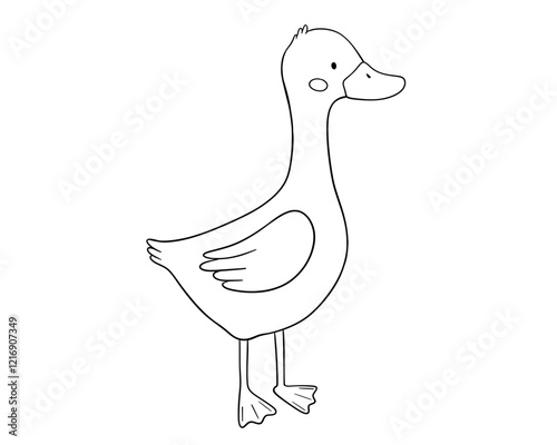 Cute goose character, line art, hand drawn illustration for coloring book or page