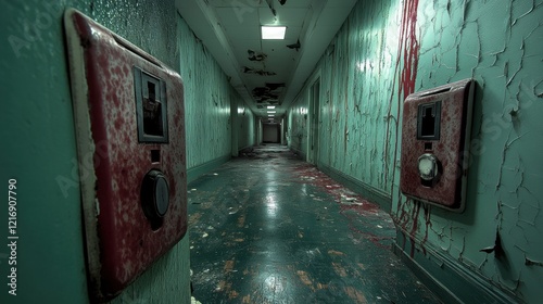 Dark Abandoned Hotel Corridor with Grungy Walls and Bloodstains photo