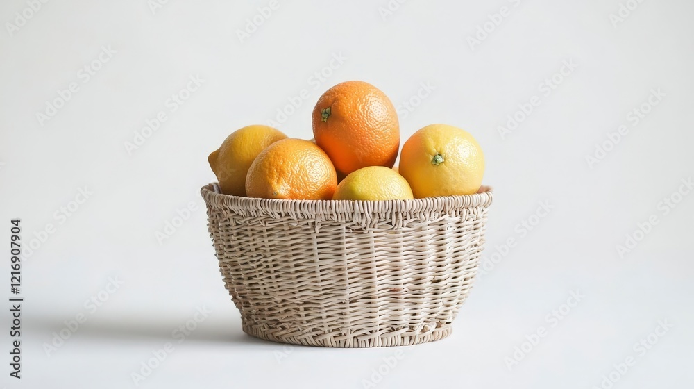 Fresh Citrus Fruits in Woven Basket on Simple Background Fresh Citrus Fruits in Woven Basket on Simple Background