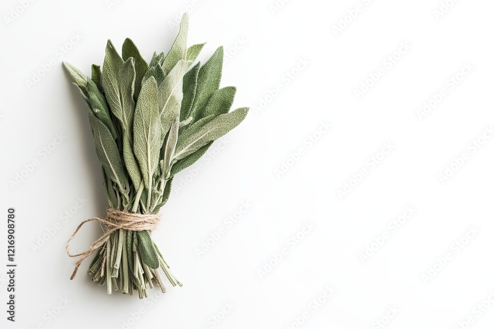 A minimalist bundle of sage tied with twine, styled on a clean white background. picture A minimalist bundle of sage tied with twine, styled on a clean white background. picture