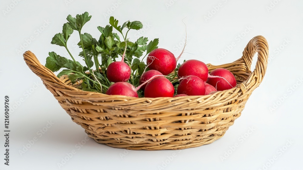 Fresh Red Radishes with Green Leaves in a Woven Basket