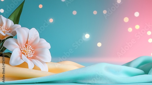 Delicate Peach and White Blossoms on Soft Teal Fabric