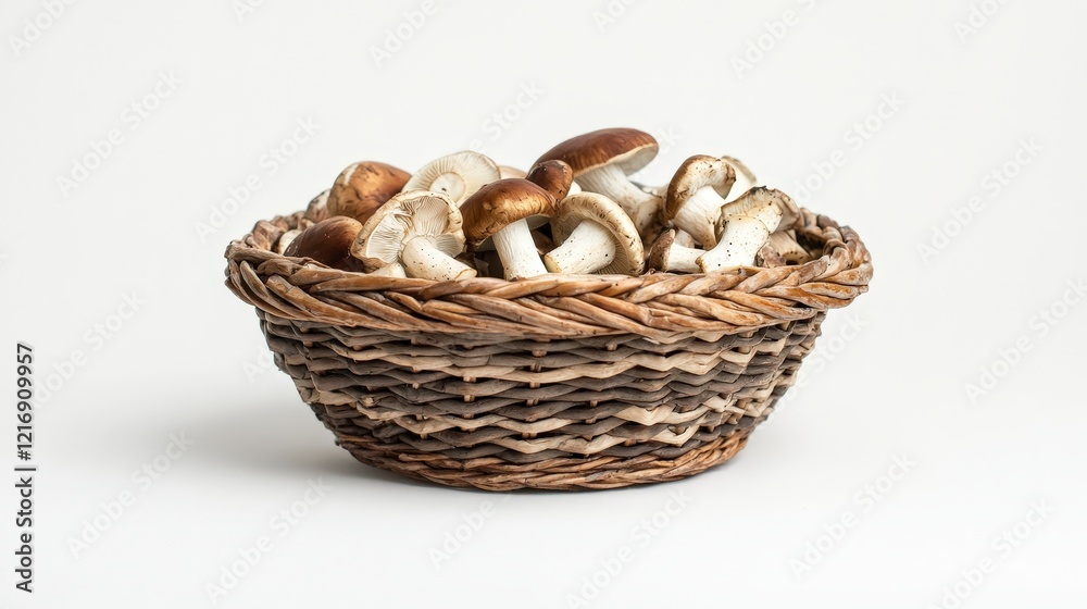 Fresh Assortment of Mushrooms in a Natural Woven Basket