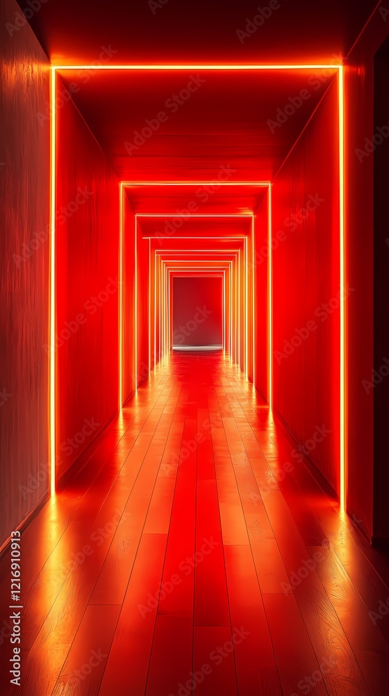 Fototapeta premium Digital technology red glowing neon corridor poster background