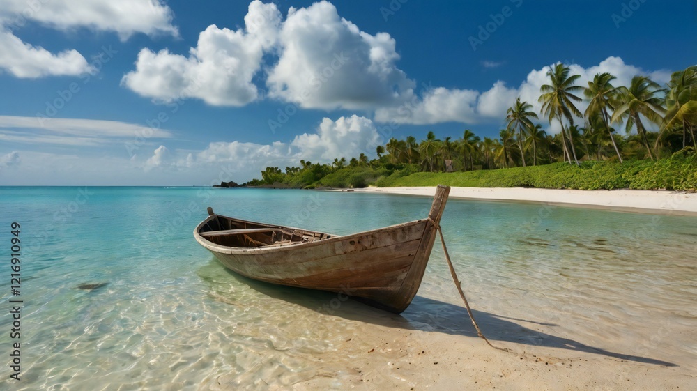 Serene Tropical Paradise with Wooden Boat. Serene Tropical Paradise with Wooden Boat.