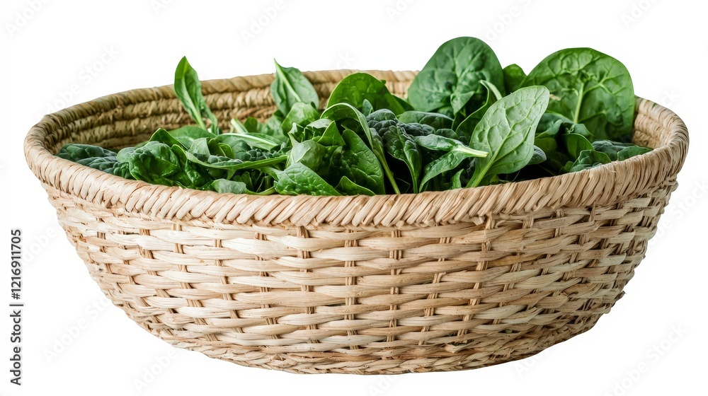 Fresh Spinach Leaves in Woven Basket on White Background Fresh Spinach Leaves in Woven Basket on White Background