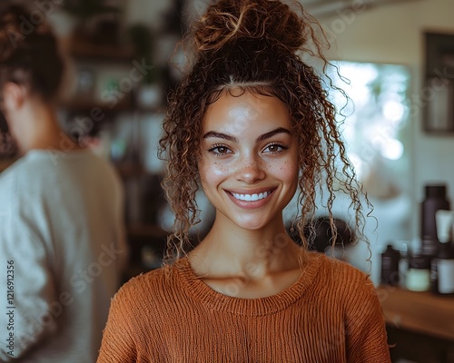 Stylist Showcasing Augmented Reality Hairstyle to Satisfied Customer at Hair Salon