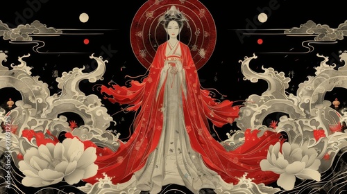 Mythical creatures. Japan myth. Amaterasu Omikami, the compassionate goddess of the sun, gracefully descends from the celestial realm, art nouveau 2d style image