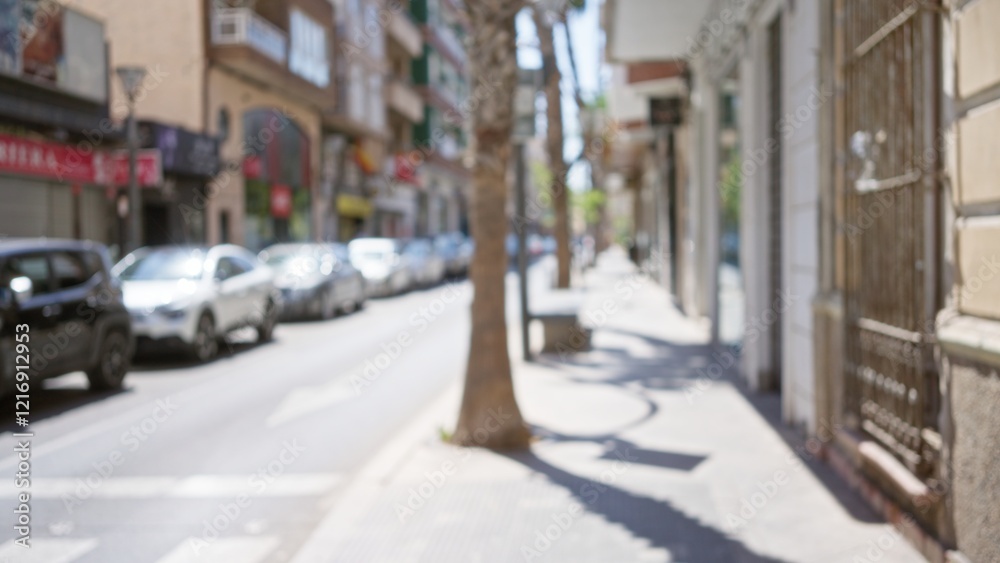 Fototapeta premium Blurred street view with cars parked alongside shops and buildings on a sunny day, featuring defocused elements creating a bokeh effect in an outdoor city setting