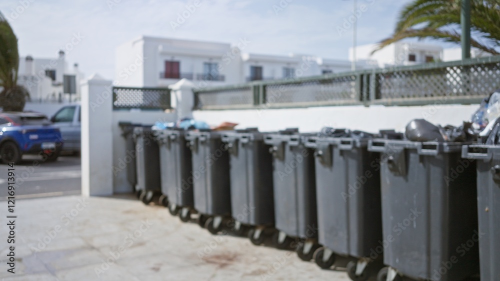 Blurred row of waste containers against a backdrop of white buildings in an urban setting with blue skies, showcasing daily rubbish disposal in a residential neighborhood. Blurred row of waste containers against a backdrop of white buildings in an urban setting with blue skies, showcasing daily rubbish disposal in a residential neighborhood.