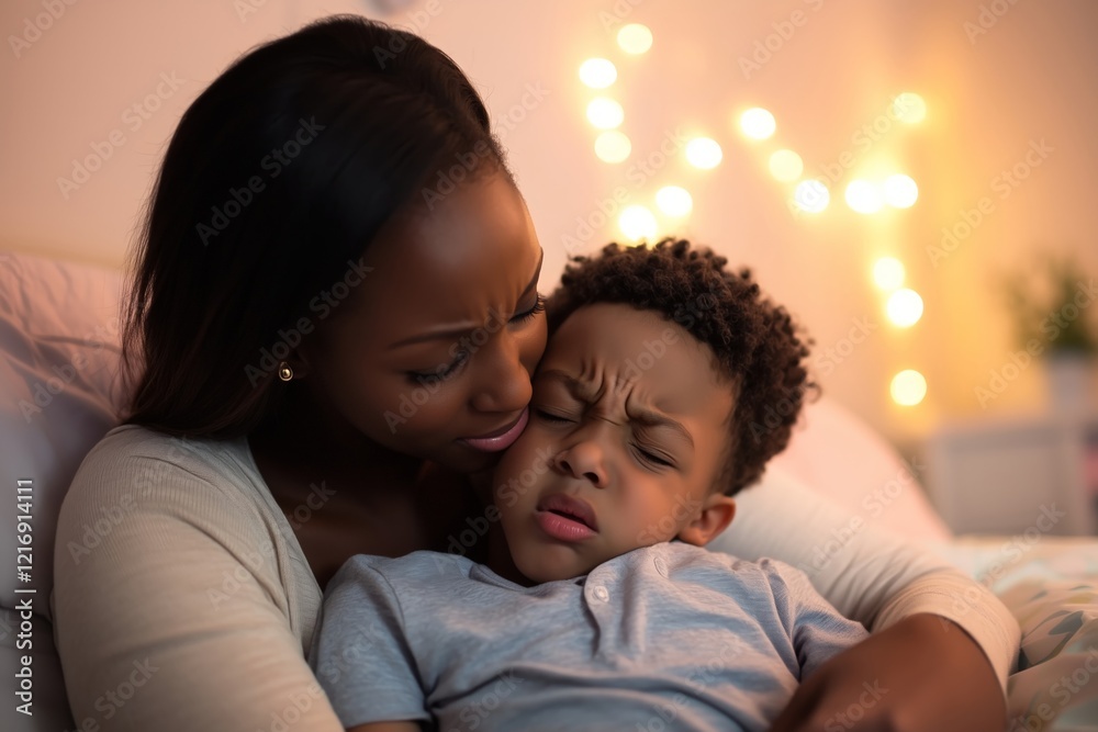 A loving mother gently holding and comforting her unwell son in a softly lit bedroom, with warm fairy lights creating a cozy and tender atmosphere A loving mother gently holding and comforting her unwell son in a softly lit bedroom, with warm fairy lights creating a cozy and tender atmosphere