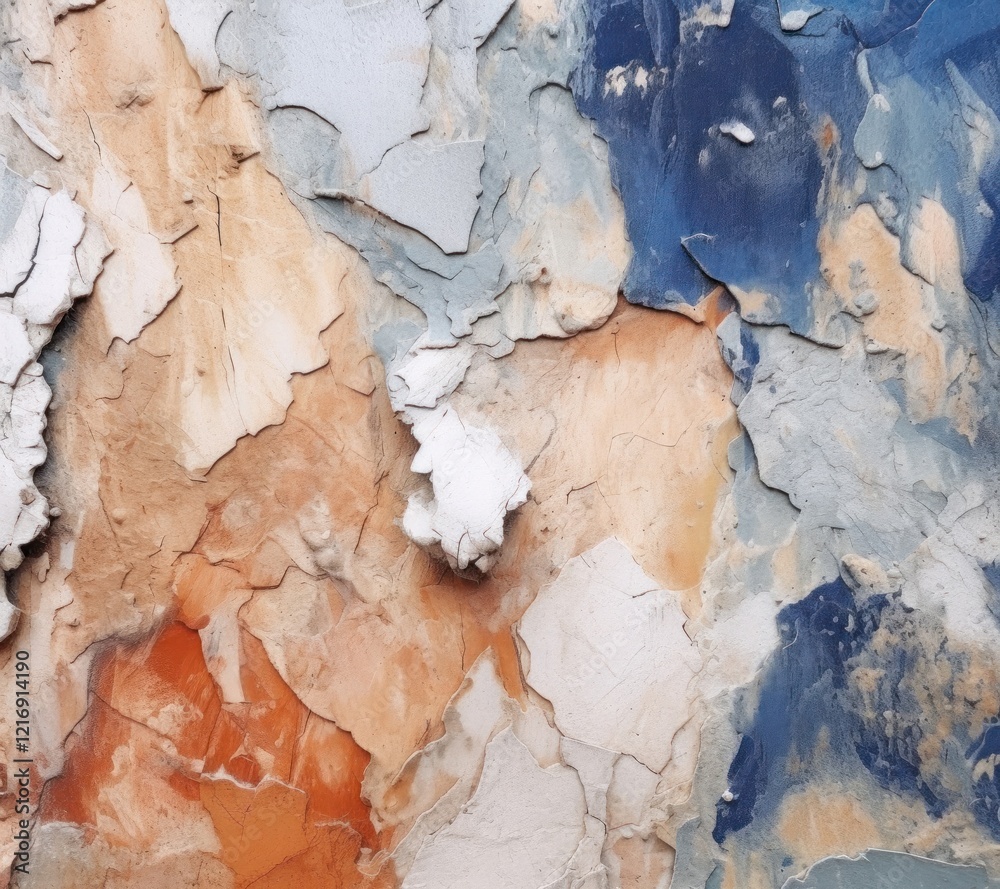 Fototapeta premium Very old peeling grunge surface with obvious abrasions and cracks in white, blue and orange tones.