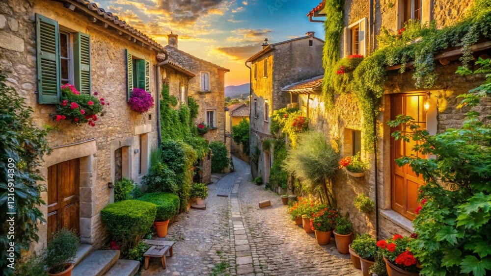 Drone View of Charming Stone Houses in a Narrow Alley, Lourmarin, Provence, France Drone View of Charming Stone Houses in a Narrow Alley, Lourmarin, Provence, France