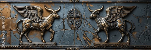 Winged Bulls Bas Relief on Ornate Panel Ancient Mythological Guardian Sculptures Art photo