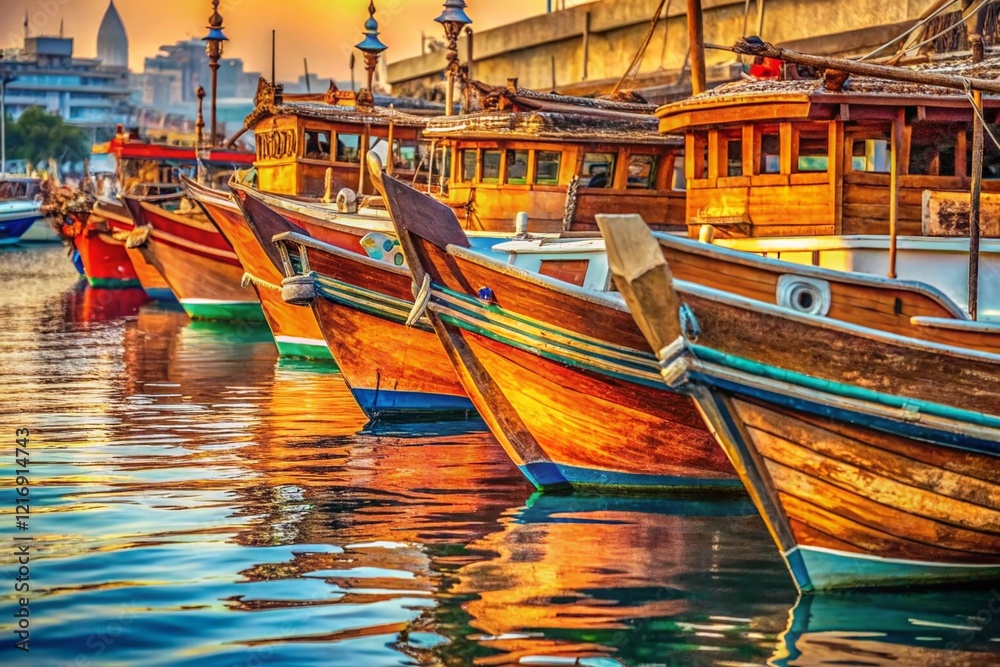 Fototapeta premium Dubai Bay Creek Boats: Close-up Macro Photography of Traditional Dhows and Modern Vessels