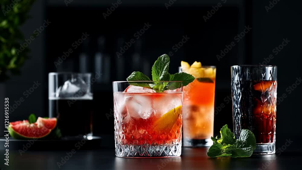 Divers cocktails colorés dans une scène élégante.