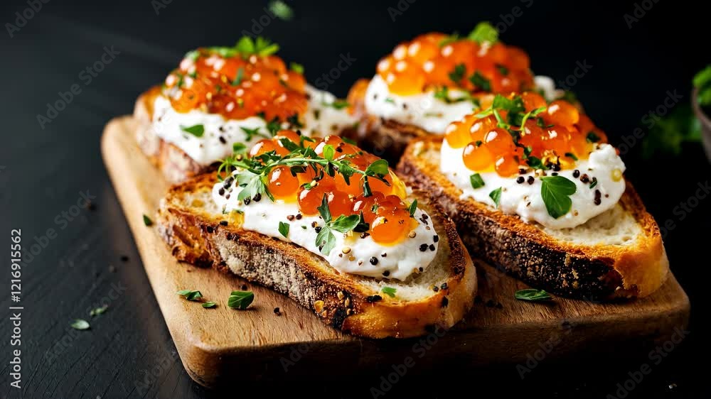 Tartine de fromage frais et d'œufs de lompe posées sur une planche en bois. Tartine de fromage frais et d'œufs de lompe posées sur une planche en bois.