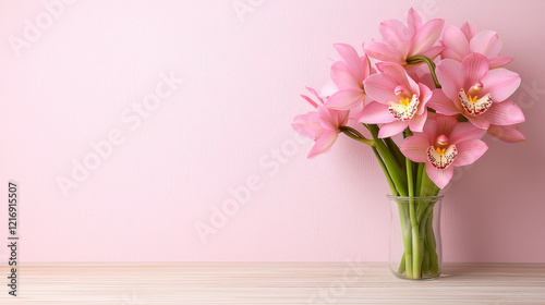 Wallpaper Mural Fresh pink orchids in a vase against a soft pink background Torontodigital.ca