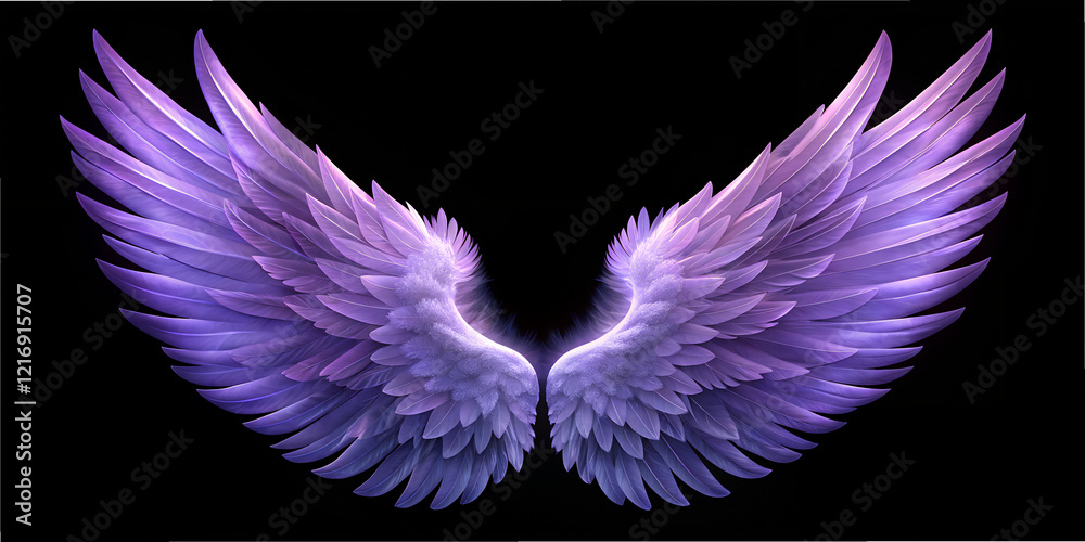 Fototapeta premium Mesmerizing angel wings with a purple hue on a stark black background conveying themes of minimalism and ethereal beauty