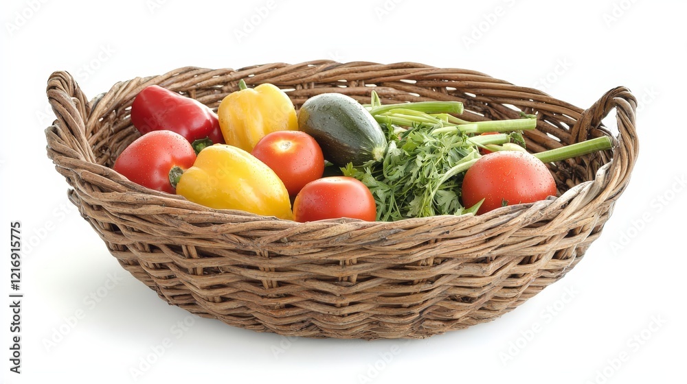 Fresh Organic Vegetables in a Woven Basket on White Background Fresh Organic Vegetables in a Woven Basket on White Background