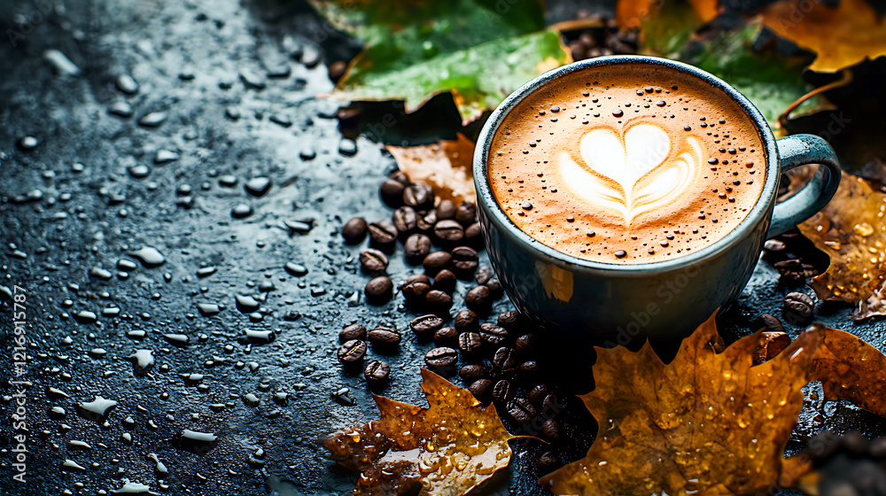 A cup of coffee with latte art in autumn on a dark background, and green leaves and brown-colored autumn leaves near the mug with coffee beans. A cup of coffee with latte art in autumn on a dark background, and green leaves and brown-colored autumn leaves near the mug with coffee beans.