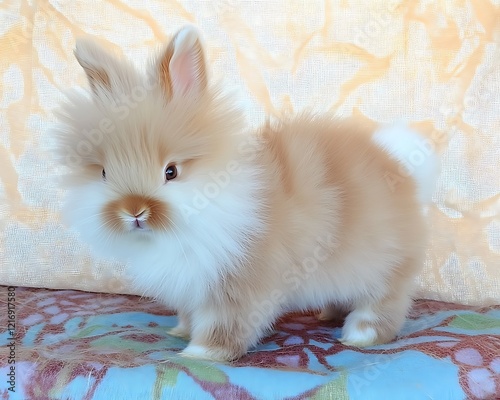 Adorable fluffy lionhead bunny rabbit kit standing on a blanket. photo