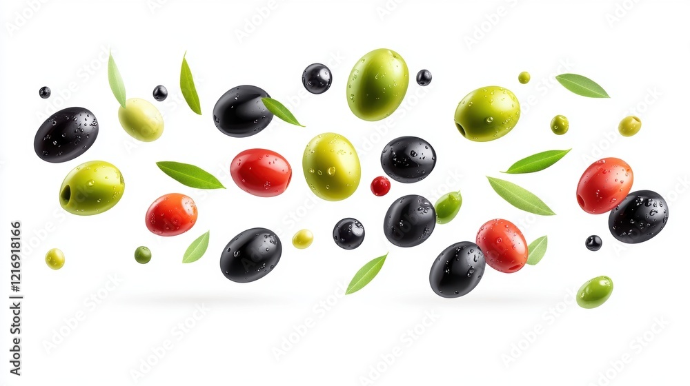 Freshly Falling Olives with Leaves in Vibrant Colors and Textures Freshly Falling Olives with Leaves in Vibrant Colors and Textures