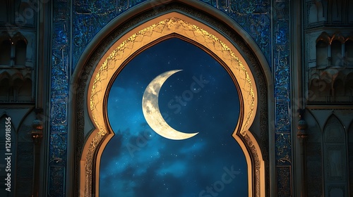 Islamic archway, crescent moon, night sky, intricate design photo