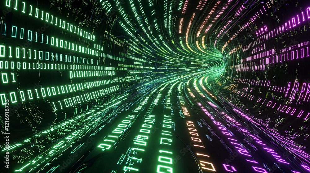 Data transfer. Flowing stream of binary digits code. Bright green and purple hues, technology, connectivity concept. Digital river, dynamic effect, background Data transfer. Flowing stream of binary digits code. Bright green and purple hues, technology, connectivity concept. Digital river, dynamic effect, background