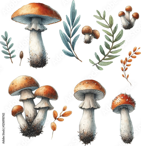 watercolor illustrations of Hand-drawn wild mushroom isolated background
