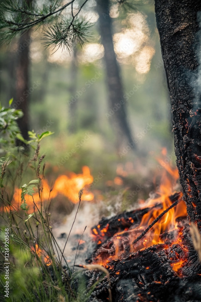 A forest fire burns near a standing tree, with flames and smoke visible A forest fire burns near a standing tree, with flames and smoke visible