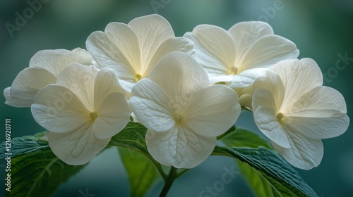 White hydrangeas bloom closeup, garden, soft background, nature photography photo