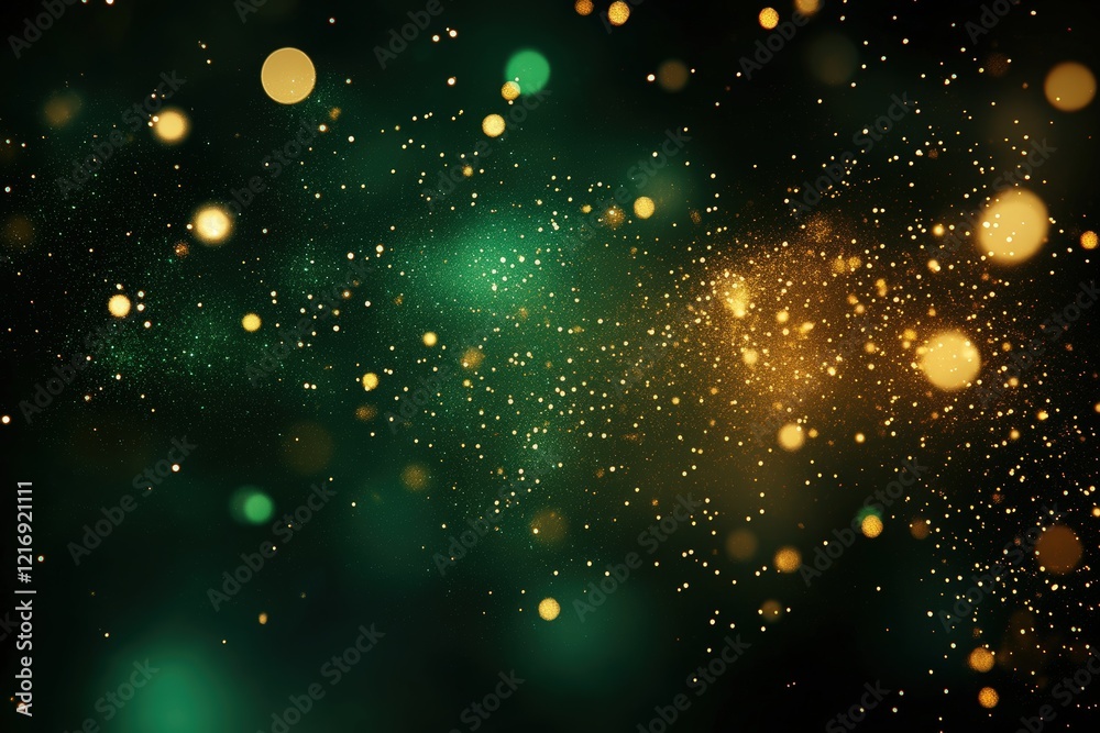 Obraz premium Abstract Festive Background with Blurred Lights and Glittering Bokeh Effect in Shades of Green and Gold for Holiday Celebrations