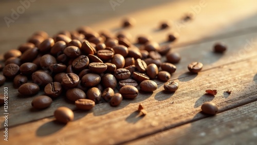 Golden Hour Coffee Beans on Rustic Wood Surface A Still Life Composition