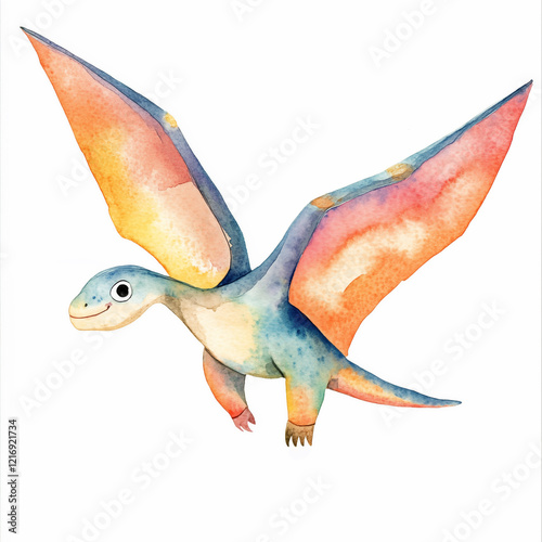 Adorable watercolor image of pterodactyl dinosaur. Good for nursery frame art, postcards, posters, prints. Ai generated