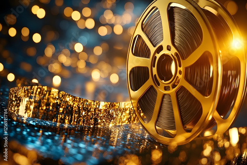 Luxurious gold film reel glistens against a shimmering background, perfect for movie promotions and glamorous cinematic celebrations. Movies and cinema