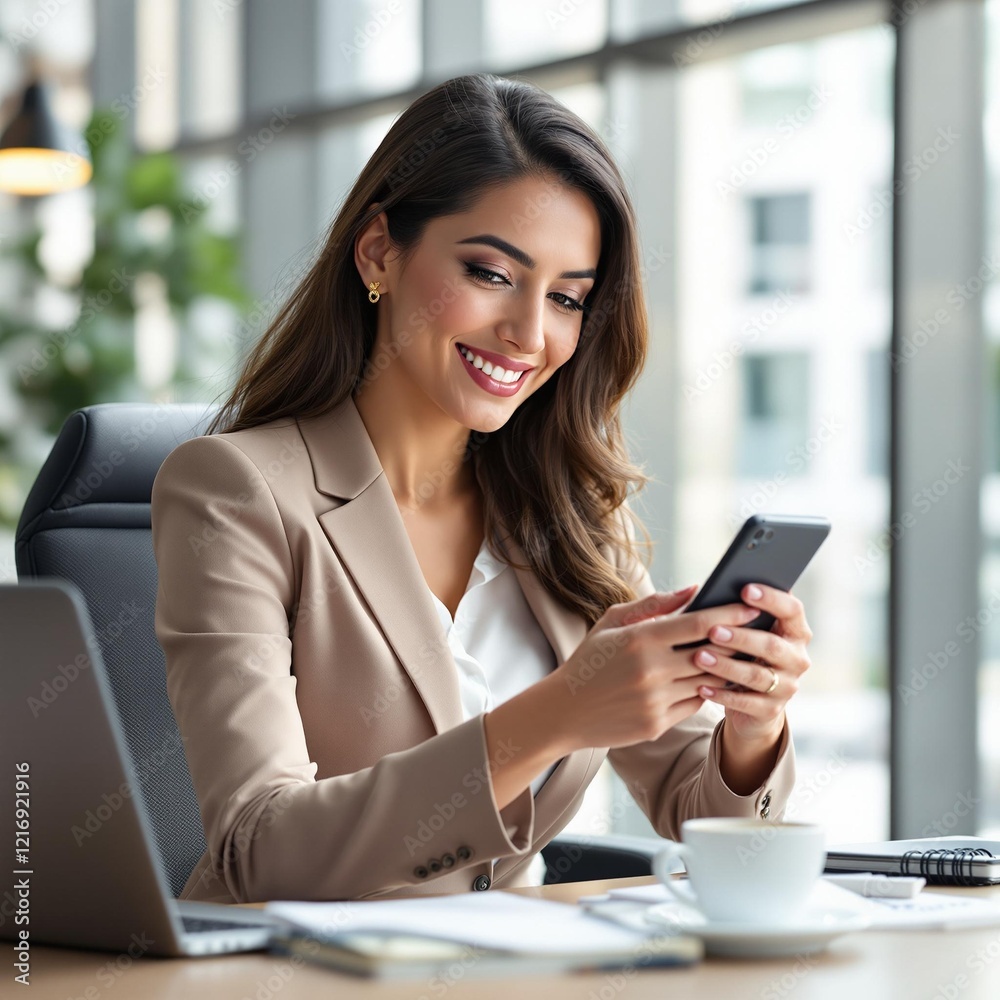 Mujer hispana usando un teléfono móvil en una oficina moderna Mujer hispana usando un teléfono móvil en una oficina moderna