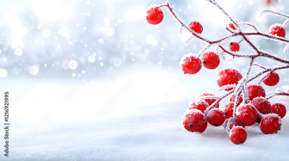 A snowy landscape features vibrant red berries on a branch, creating a striking contrast against the soft, white background A snowy landscape features vibrant red berries on a branch, creating a striking contrast against the soft, white background