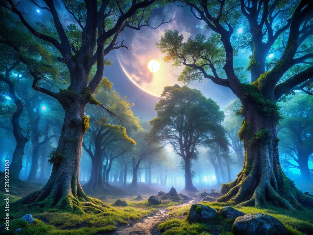 Ethereal Misty Forest at Night: Enchanting Trees in Moonlight Ethereal Misty Forest at Night: Enchanting Trees in Moonlight