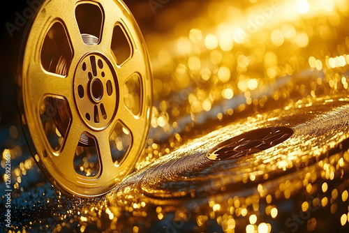 Luxurious gold film reel glistens against a shimmering background, perfect for movie promotions and glamorous cinematic celebrations. Movies and cinema