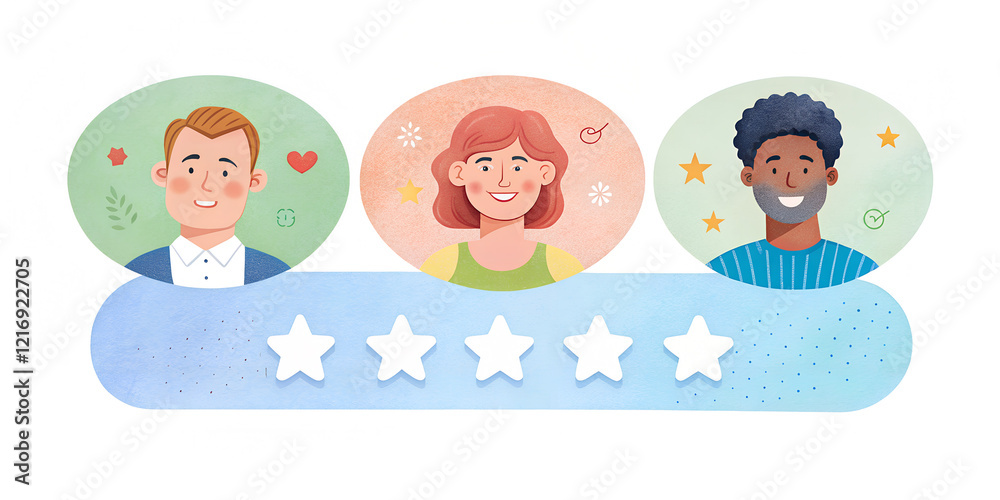 Illustration depicting three happy individuals with a rating scale representing satisfaction and engagement Illustration depicting three happy individuals with a rating scale representing satisfaction and engagement